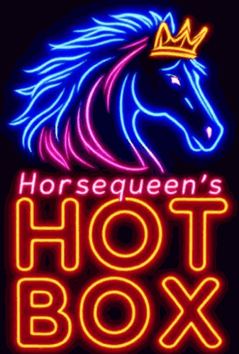 A Neon Sign That Says Horsequeen 'S Hot Box With A Horse Wearing A Crown GIF