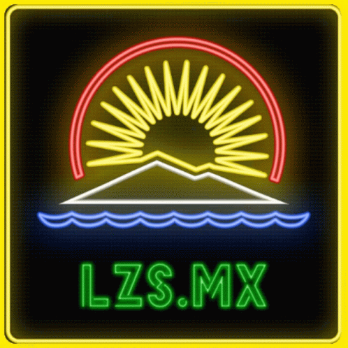 A Neon Sign That Says Lzs.mx With A Sun And Water GIF