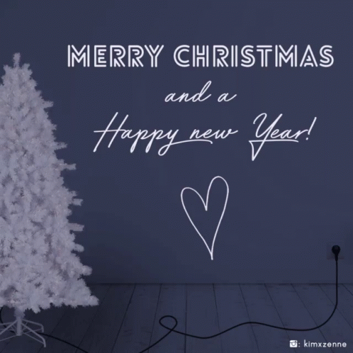 A Neon Sign That Says Merry Christmas And A Happy New Year With A Christmas Tree In The Background GIF