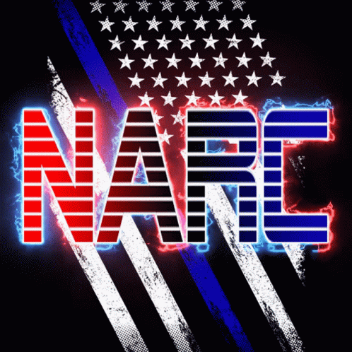 a neon sign that says narc with an american flag background