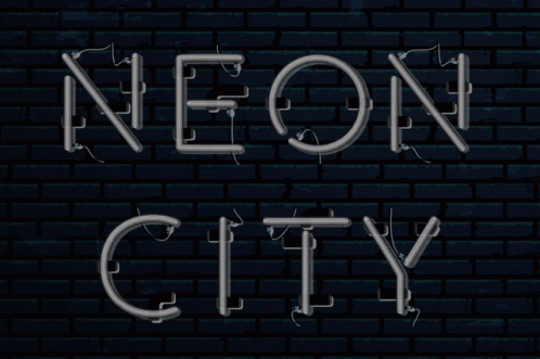 A Neon Sign That Says Neon City On A Dark Brick Wall GIF