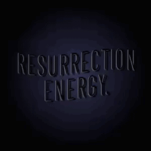A Neon Sign That Says Resurrection Energy On A Dark Blue Background GIF