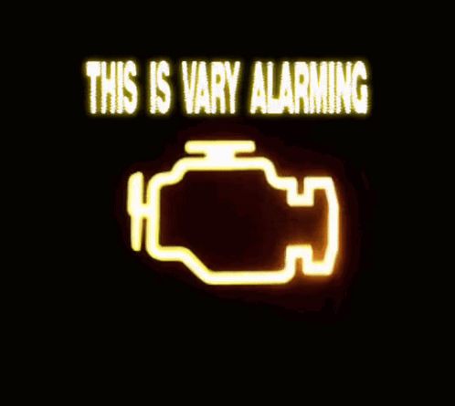 A Neon Sign That Says This Is Vary Alarming With A Yellow Engine Icon GIF