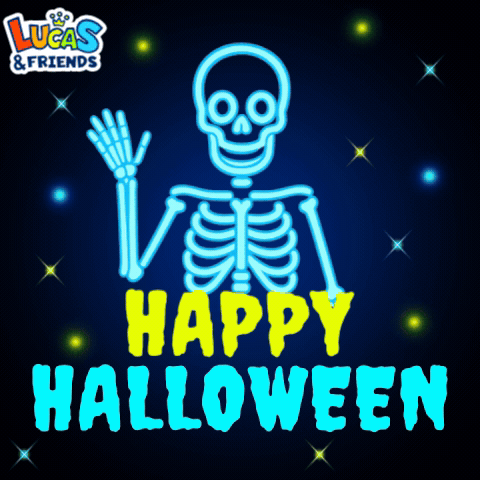 A Neon Skeleton Says " Happy Halloween " In Yellow Letters GIF