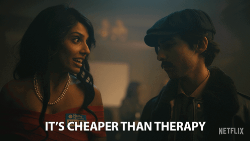 A Netflix Ad Shows A Man And A Woman Talking To Each Other GIF