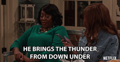 a netflix ad shows two women sitting on a porch with the caption he brings the thunder from down under