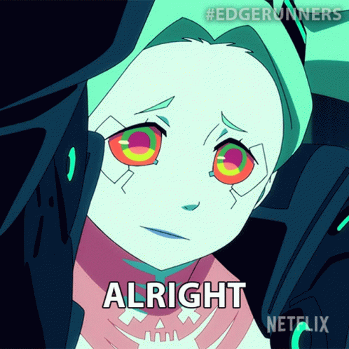 A Netflix Advertisement For Edgerunners Shows A Girl With Colorful Eyes GIF