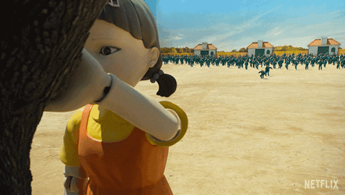 A Netflix Advertisement Shows A Doll Standing In A Field GIF