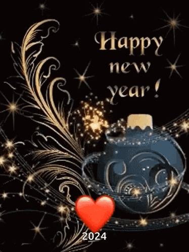A New Year Greeting Card With A Heart And Fireworks GIF