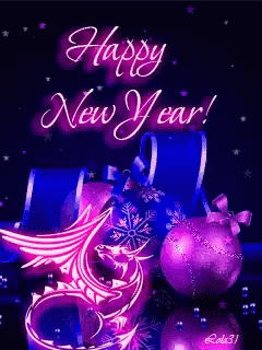 A New Year Greeting Card With Purple Christmas Balls And A Dragon GIF