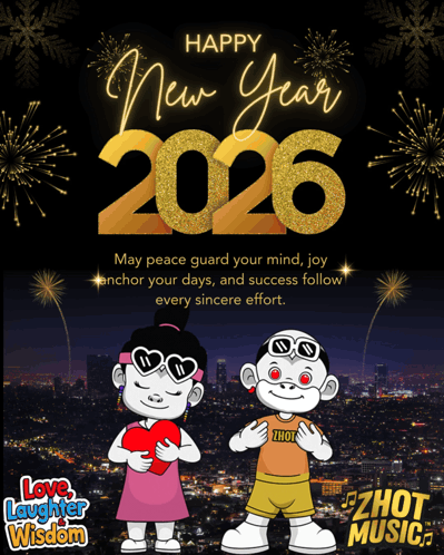 A New Year 'S Greeting From Love Laughter Wisdom With Two Cartoon Characters GIF