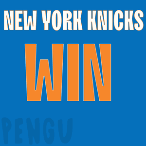 A New York Knicks Poster With A Penguin Holding A Red Basketball GIF
