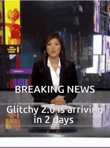News Anchor Announcing Glitchy 2.0 Arrival GIF