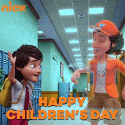 A Nick Cartoon Says Happy Children 'S Day In Orange Letters GIF