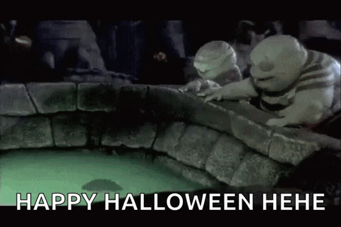 A Nightmare Before Christmas Scene With Two Mummys And The Words `` Happy Halloween Hele '' GIF