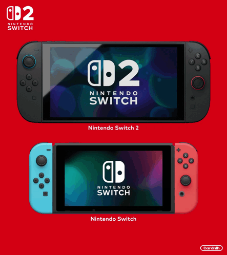 A Nintendo Switch 2 And A Nintendo Switch On A Red Background GIF