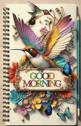 A Notebook With A Hummingbird On It And The Words " Good Morning " GIF