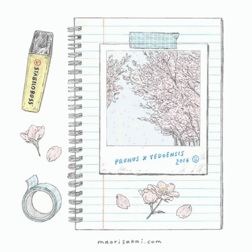 A Notebook With A Picture Of A Cherry Blossom Tree And The Year 2016 GIF