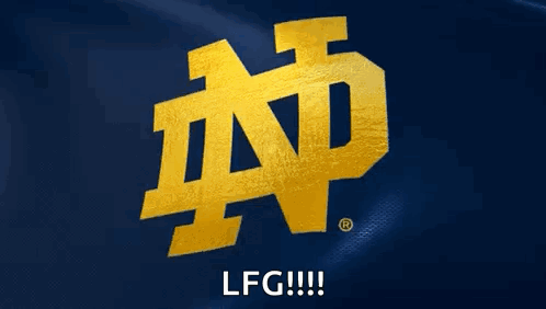 A Notre Dame Logo On A Blue Background With Lfg Written Below It GIF