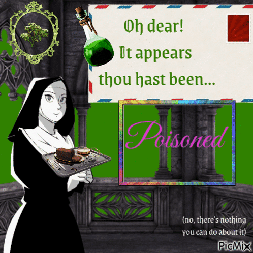 A Nun Is Holding A Tray Of Food In Front Of An Envelope That Says Oh Dear It Appears Thou Hast Been GIF