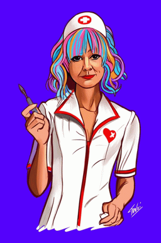 A Nurse With Colorful Hair Is Holding A Scalpel And A Cigarette With The Letters Twls On The Bottom GIF