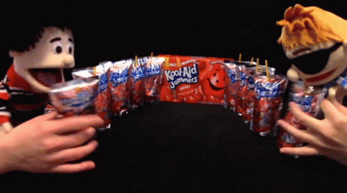A Pack Of Kool Aid Sammies Is Being Held By Two Puppet Boys GIF