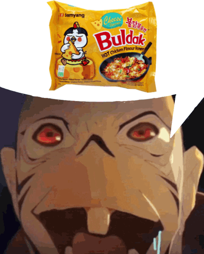 A Package Of Buldak Hot Chicken Flavor Ramen Next To A Cartoon Face GIF