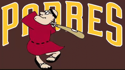 A Padres Logo With A Cartoon Character Holding A Baseball Bat GIF