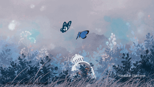 a painting by elin lynn shows butterflies flying in the air