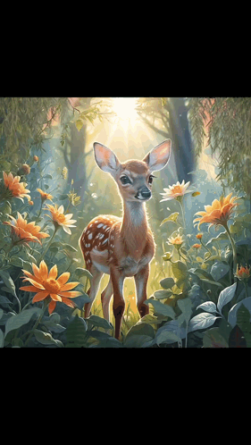 A Painting Of A Baby Deer Surrounded By Flowers In A Forest GIF