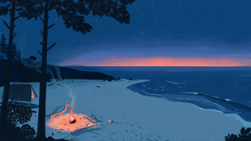 A Painting Of A Beach With A Campfire And A Tent GIF