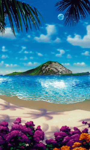A Painting Of A Beach With A Small Island In The Distance GIF