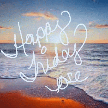 A Painting Of A Beach With The Words Happy Friday Jose Written On It GIF