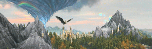 A Painting Of A Bird Flying Over A Castle In The Mountains GIF