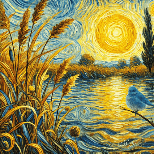 A Painting Of A Bird Sitting On A Branch Near A Lake GIF