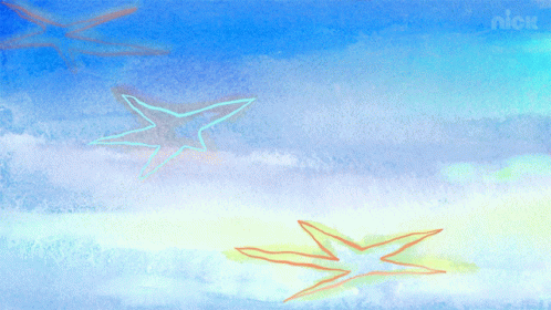 A Painting Of A Blue Sky With A Nick Logo On The Bottom Right GIF