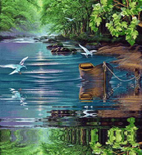 A Painting Of A Boat In A River With Seagulls Flying Over It GIF