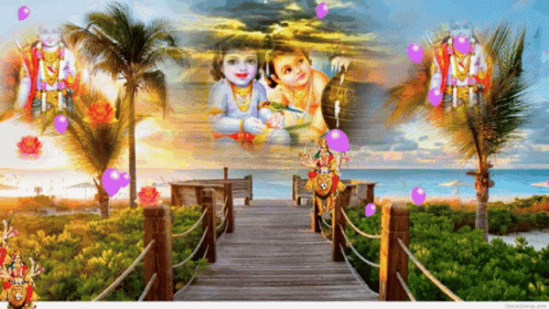A Painting Of A Bridge Leading To A Beach With Balloons Flying Around GIF