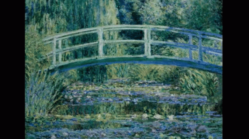 A Painting Of A Bridge Over A Pond GIF