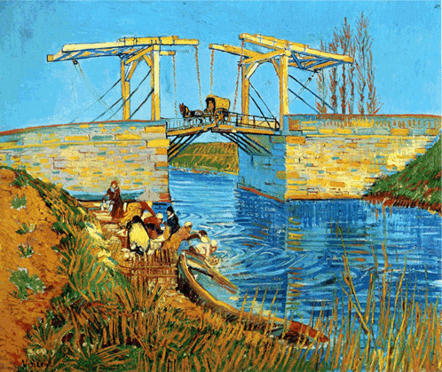 A Painting Of A Bridge Over A River With A Horse Drawn Carriage GIF