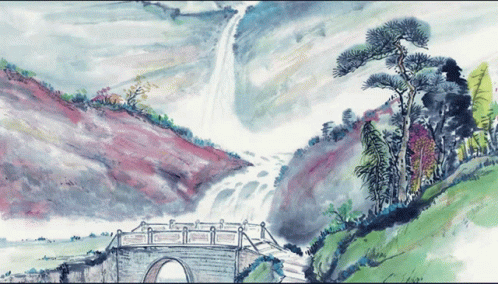 A Painting Of A Bridge Over A River With A Waterfall Behind It GIF