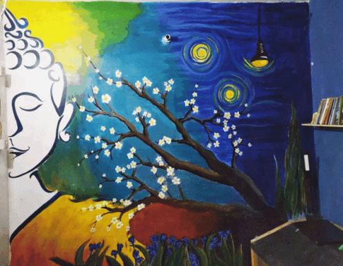 A Painting Of A Buddha And A Tree With Flowers On It GIF