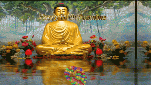 A Painting Of A Buddha In A Pond With The Words Happy Buddh Pournima GIF
