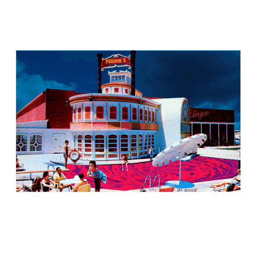 A Painting Of A Building With A Sign That Says " Fermie 'S " GIF