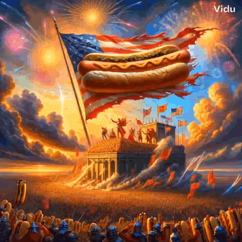 a painting of a bunch of hot dogs flying through the air