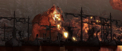 A Painting Of A Burning City With A Few Boats In The Water GIF