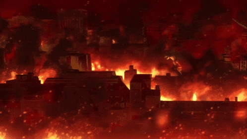 A Painting Of A Burning City With The Word Fire On The Bottom GIF