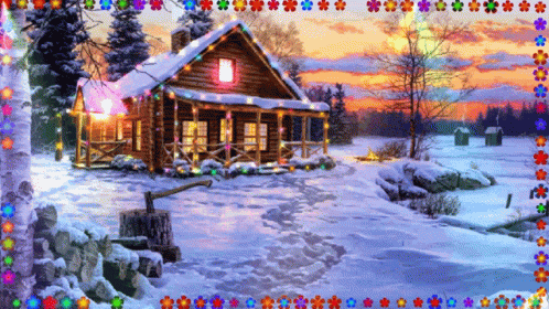 A Painting Of A Cabin In The Snow With Christmas Lights GIF