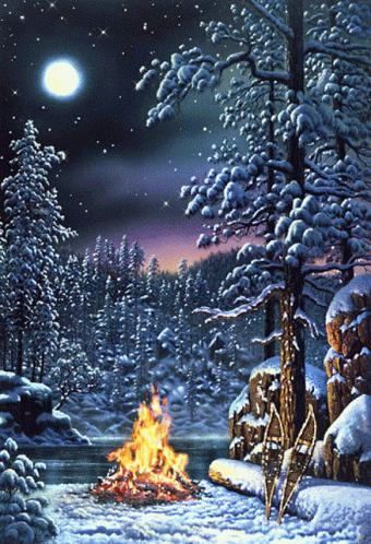 A Painting Of A Campfire In The Snow GIF