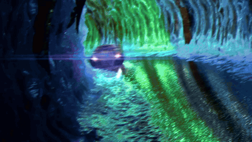 A Painting Of A Car Driving Through A Tunnel With Green Lights GIF